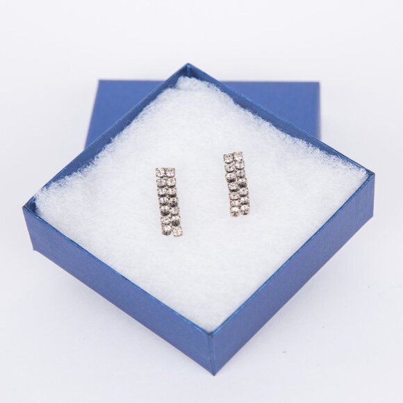 VINTAGE 1980's GLAM ART DECO DOUBLE STRAND HANG RHINESTONE EARRINGS - Picture 5 of 8